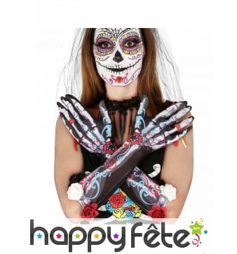 Paire de longs gants dia de los muertos pour femme