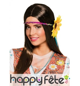 Perruque hippie longs cheveux bruns fleuris