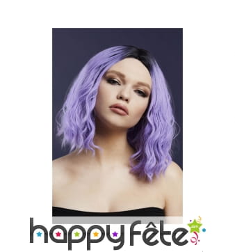 Perruque mauve wavy avec racines noires mi longue