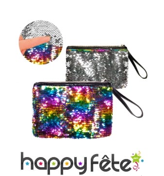 Pochette réversible argent et arc-en-ciel avec zip