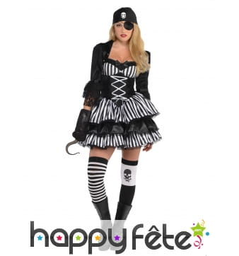 Robe courte de pirate rayée noir et blanc, femme