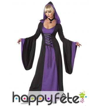 Robe noir violet capuche et larges manches