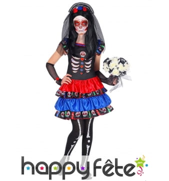 Robe squelette Dia de los muertos colorée, fille