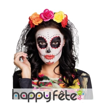 Serre tête dias de los muertos fleurs et voile