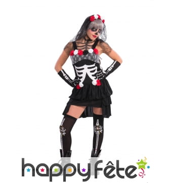 Tenue courte noire rouge Dia de los muertos femme