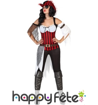 Tenue de femme pirate à rayures noires et rouges