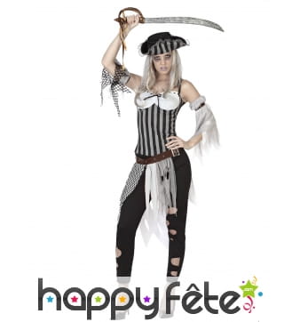 Tenue de piratesse zombie lignée noire blanc