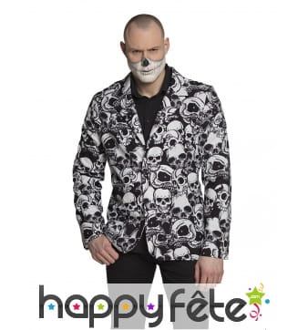 Veste de costume noire motif crânes blancs, homme