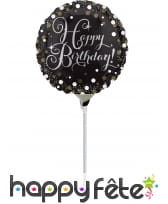 Ballon rond Happy Birthday noir argent chic, 23 cm