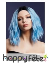 Perruque bleue wavy avec racines noires mi longue