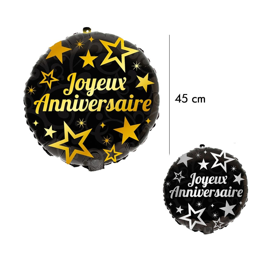 Ballon joyeux anniversaire rond  noir de 45 cm